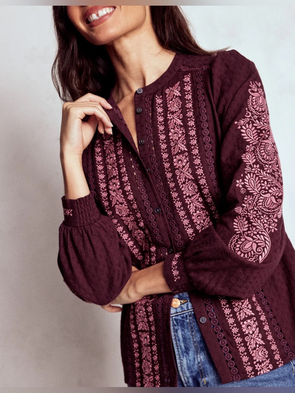 Boden Embroidered Cotton Top- Dark Cherry - Picture 2 of 6